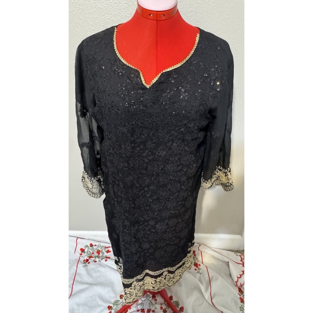 Agha Noor Black‎ Embroidered Kurta Tunic Dress Gold Trim Boho Cottagecore